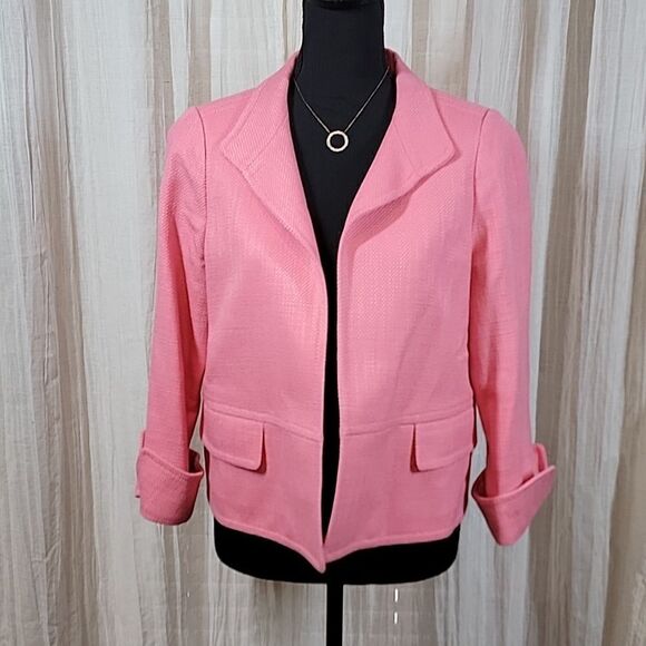 Talbots Pink Textured 3/4 Sleeve Open Front Blazer - Picture 2 of 16